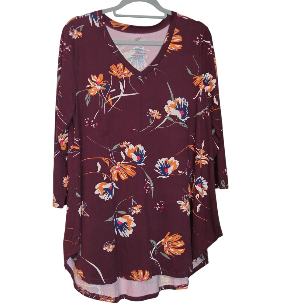 Lildy Women Burgundy Floral V-Neck 3/4 Sleeve High-Low Tunic Top Size L